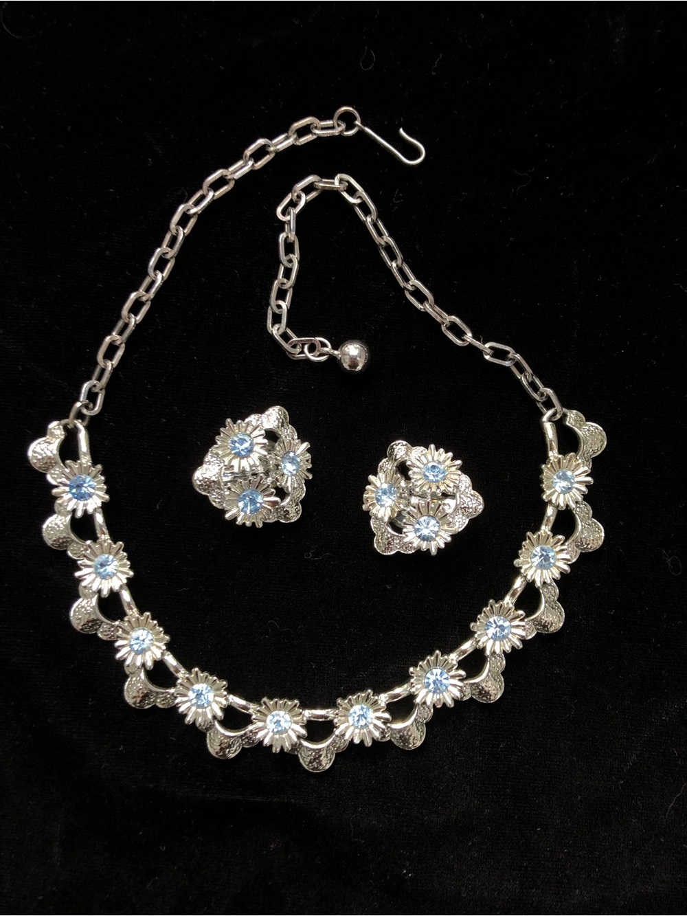 Coro Flower Choker Set with Light Blue Rhinestones. Silver Toned